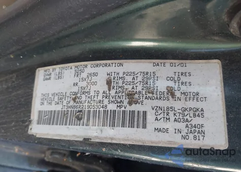 2001 Toyota 4Runner Sr5 V6 z USA, uszkodzony, nr VIN JT3HN86R219053048